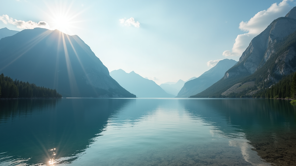 Wide angle view of a serene lake surrounded by mountains