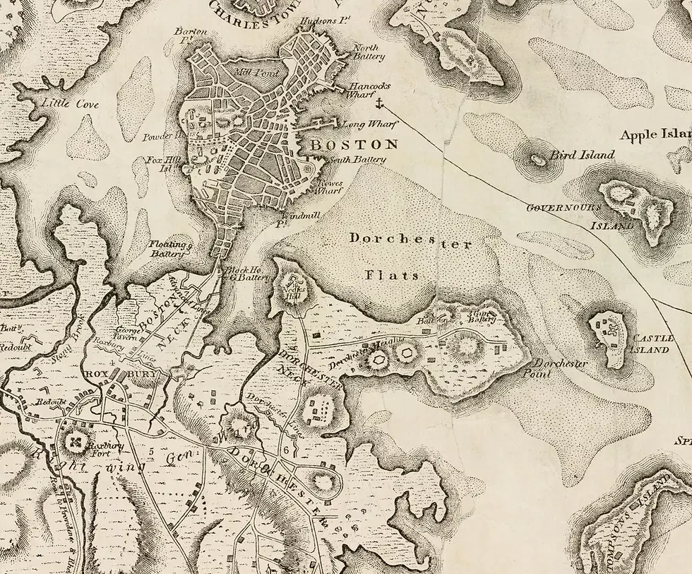 Everyone loves a good map! Here is one showing Dorchester. Once the Continentals snuck up onto its heights on the night of March 4, 1776, it was basically time for the British to leave, although they did not until twelve days later.....