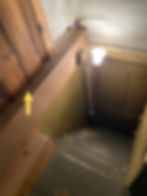 Backstairs at the Surry house with a storage alcove to the left. Stairs lead to the kitchen. Just imagine what was stored in there.