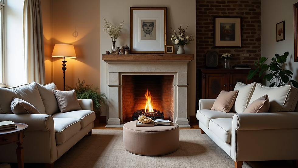 Eye-level view of a cozy living room with a fireplace and comfortable furniture