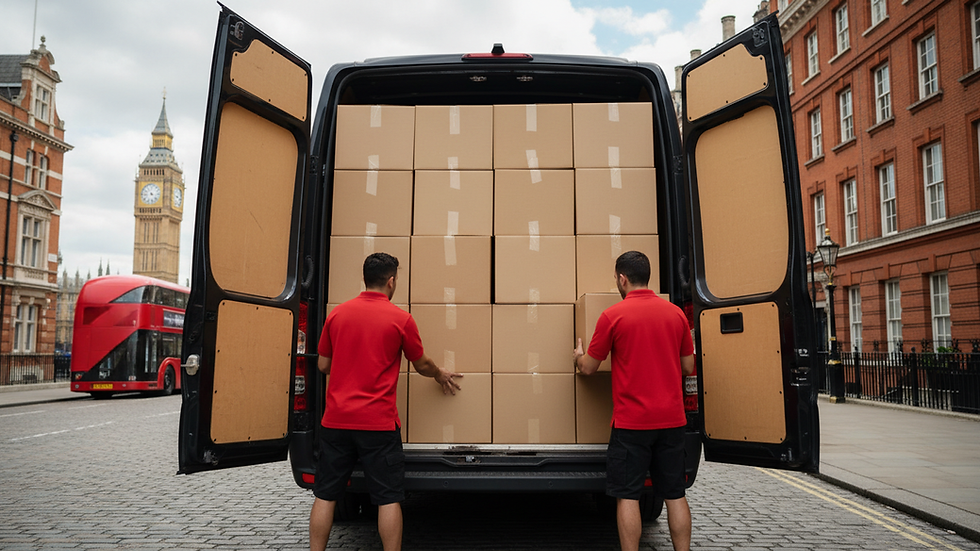 Close-up view of a van’s open back door with neatly packed boxes inside