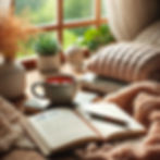 A calming scene with a cozy setup: a cup of tea, a journal, and a soft blanket near a window with natural light streaming in.