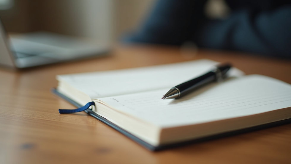 Close-up view of a journal and pen on a wooden table