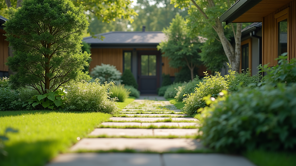 Eye-level view of a well-designed backyard garden with stone pathways and lush greenery