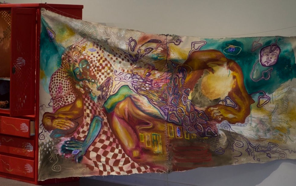 The Resolution of the Pear, Mixed Media on Un-stretched Canvas, 111" x 71" x 43"
2024