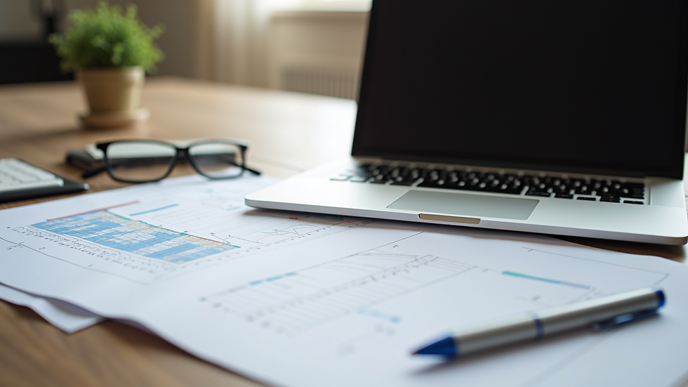 High angle view of a desk with event planning documents and a laptop
