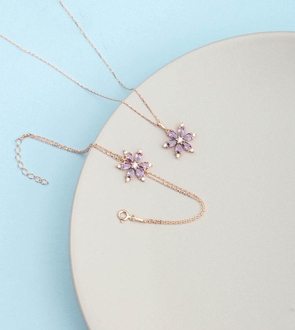 925 Ayar Gümüş Ametist Model Nergis Çiçeği Kolye ve Bileklik Set