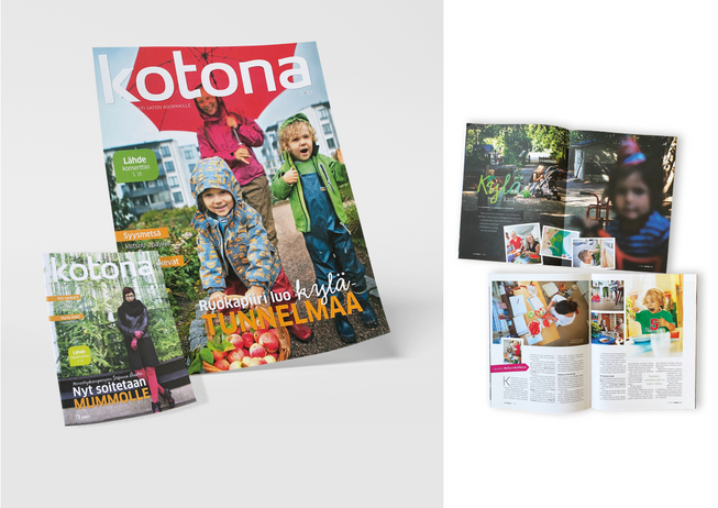 Kotona magazine's graphic design and layout. Cover photo by Susanna Kekkonen