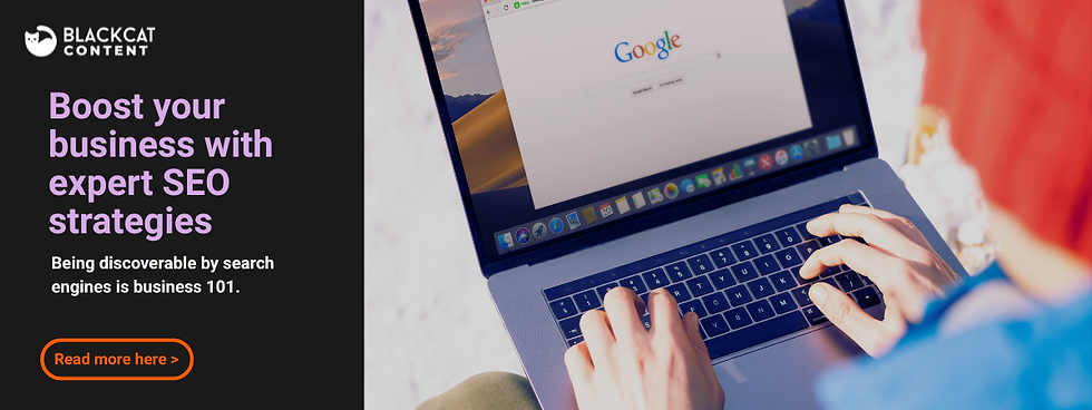 Blackcat Content promo beside hands typing on a laptop showing Google; text says Boost your business with expert SEO strategies.