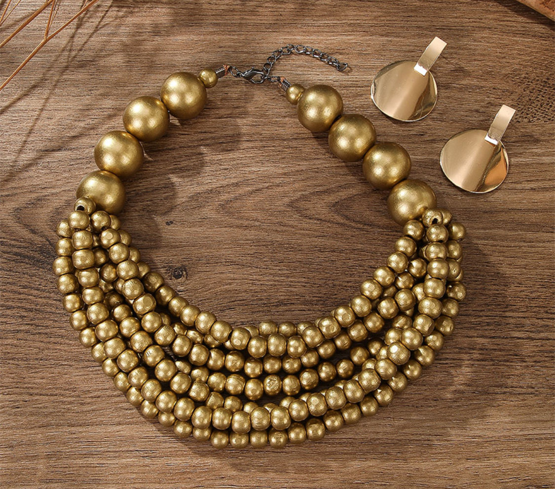 Regal Gold Beaded Necklace & Earrings Set
