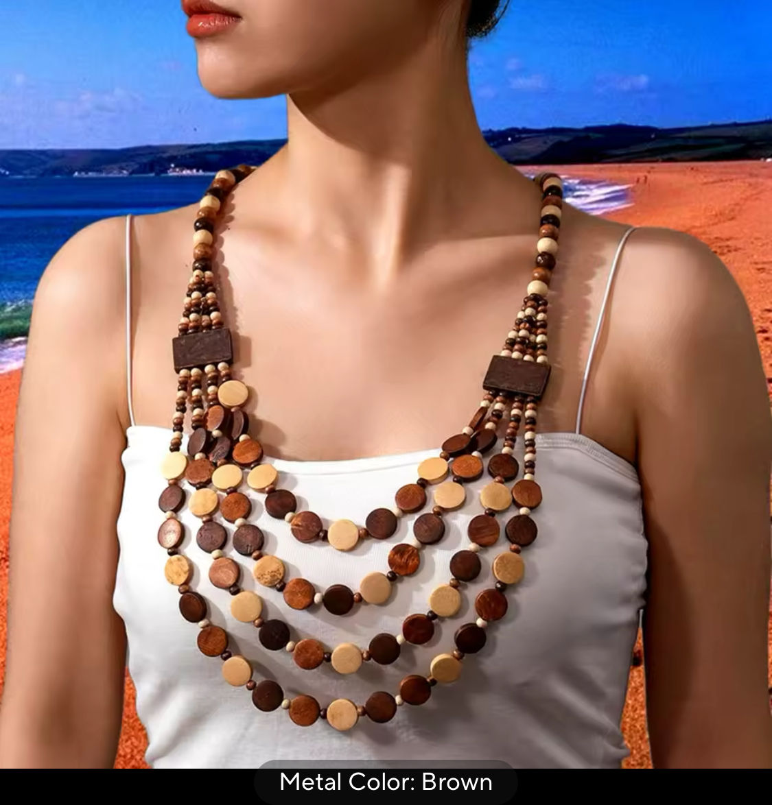 Natural Boho Wooden Beaded Layered Necklace