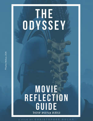 Image of Agamemnon behind a blue filter with text the odyssey movie reflection guide