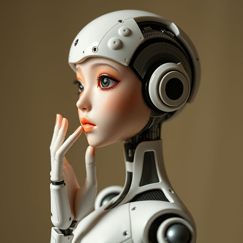 a Japanese Female Doll face with side profile with futuristic robotics head, torso and bod