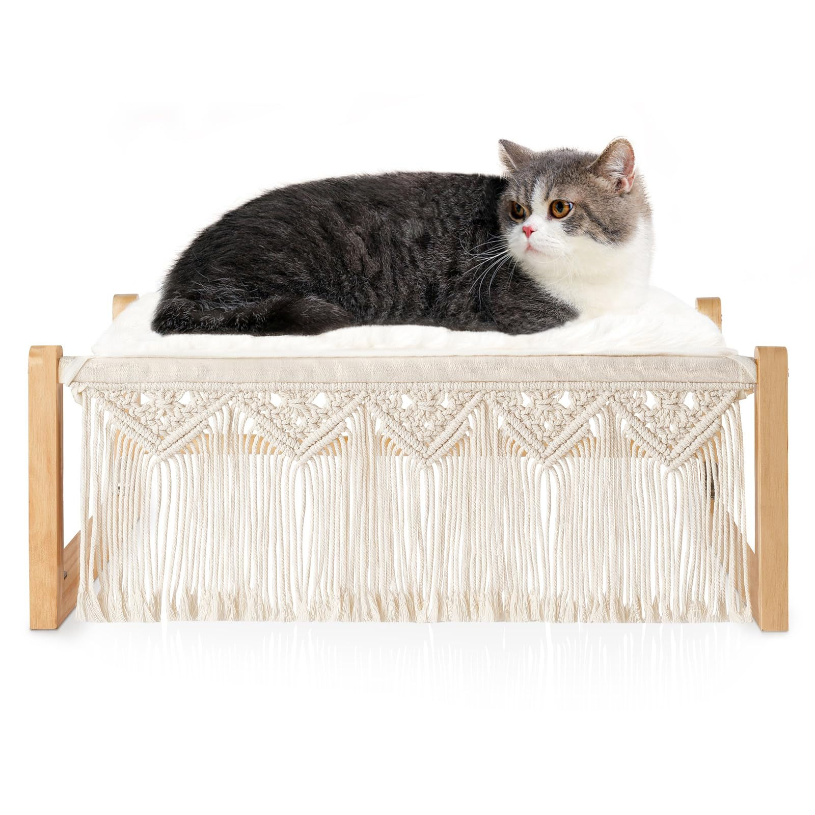 Dahey Boho Cat Bed with Blanket Wooden Cat Hammock Bed for for cats