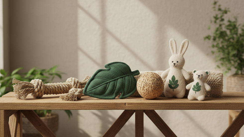 Eye-level view of eco-friendly pet toys arranged on a wooden shelf