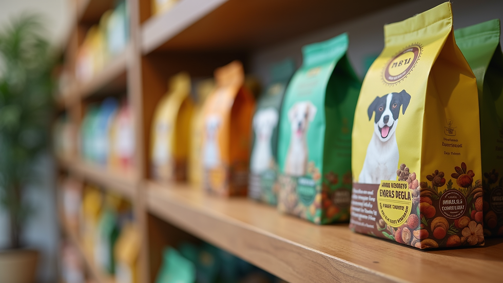 Eye-level view of eco-friendly pet food packages on a wooden shelf