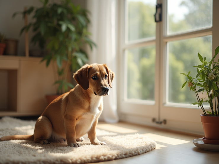 A tranquil home setting featuring sustainable pet accessories and soft natural light.