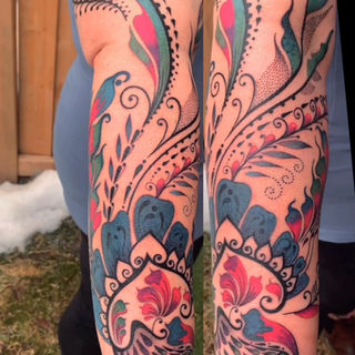 ornamental,color, bird and flowers tattoo