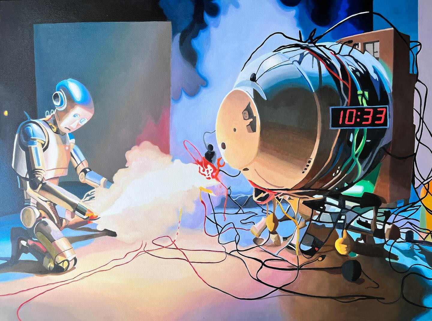 oil painting of a robot diffusing a bomb. there is a cloud of smoke and lots of wires coming out of the bomb
