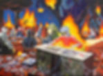 oil painting of two robots at a desk with a keyboard, there are fires and explosions. there are wires coming from the desk.