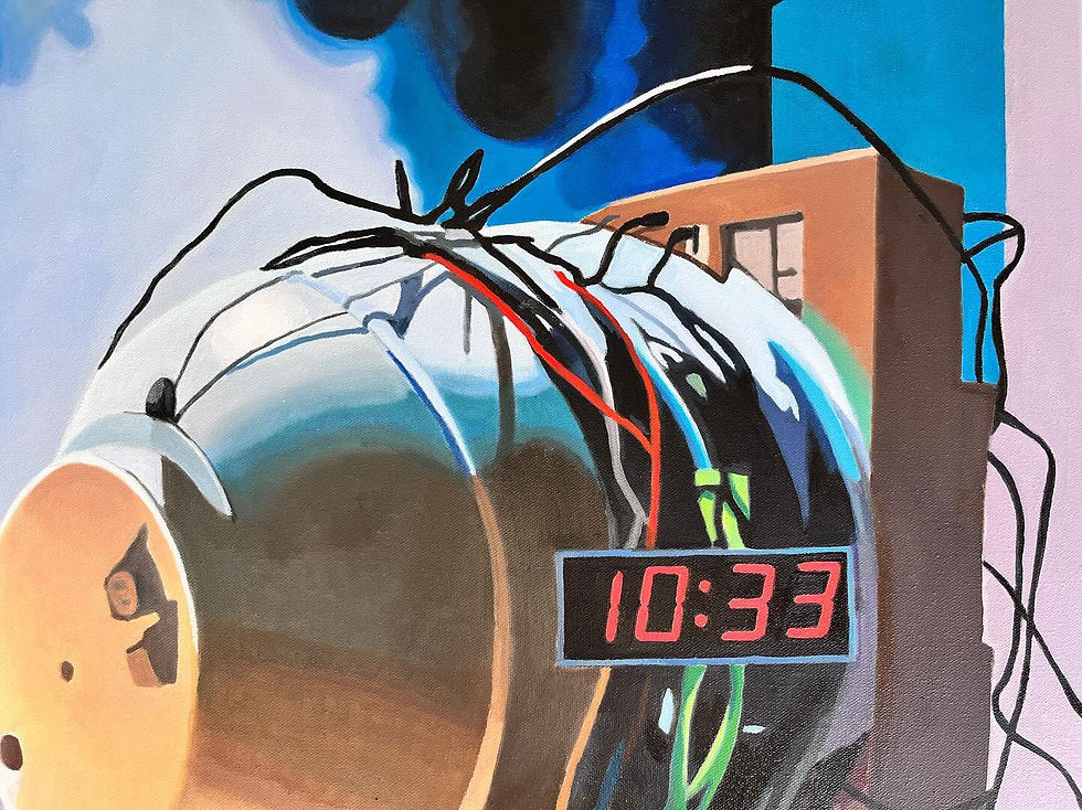 Thumbnail: oil painting of a bomb with a digital timer. lots of wires