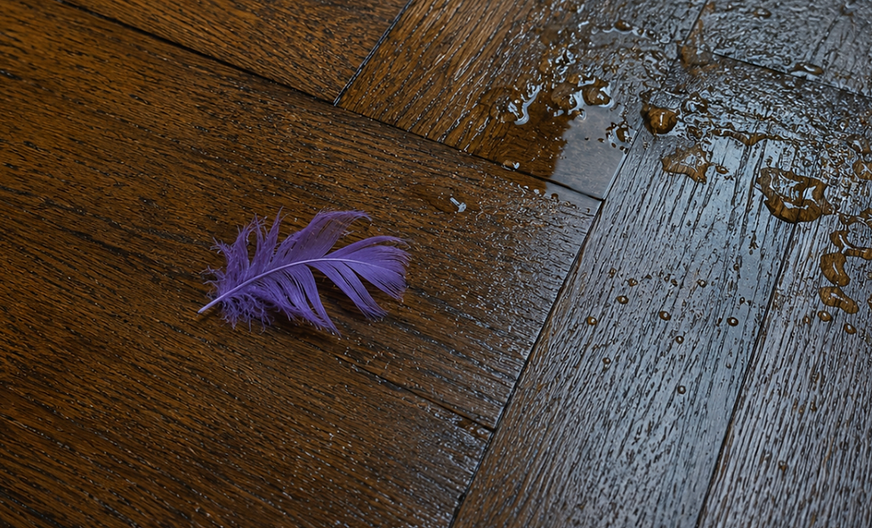 Purple feather on a wet wooden floor with water droplets, creating a quiet, moody scene.