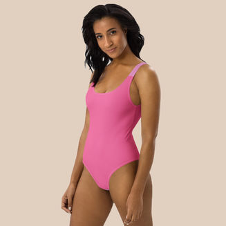 Women's Pink One-Piece Swimsuit left side view on model