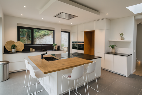 Réalisation: laque blanche mate, pierre bleue adoucie, bois massif !