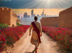 man walking from old city to new city
