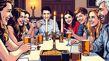 A table with young people enjoying alcoholic drinks, sunflower seeds, games and fun with S