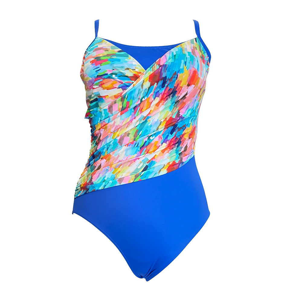 mastectomy one-piece swimsuit with colourful draped fabric and sewn-in pockets for breast prosthesis South Africa