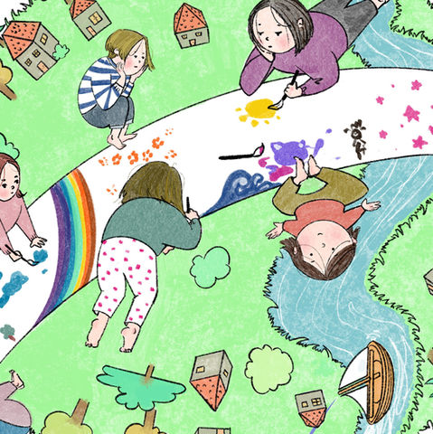 a visual nod to children creating art together on a large surface spread across the ground.