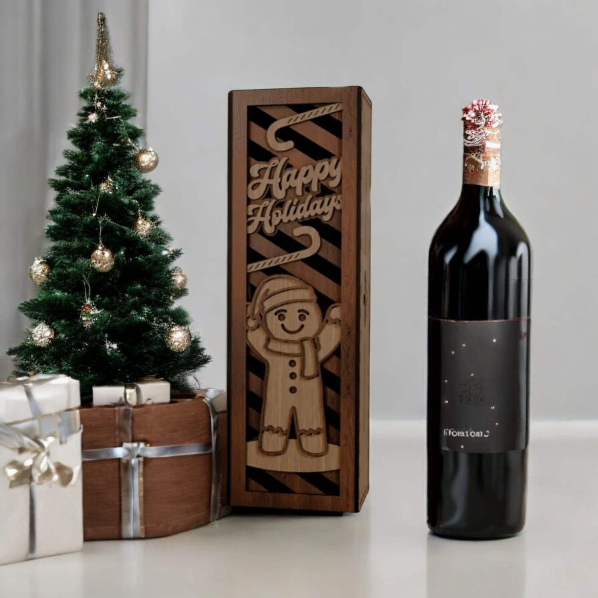 Coffret cadeau bouteille de vin en bois thème Bonhomme en pain d'épice