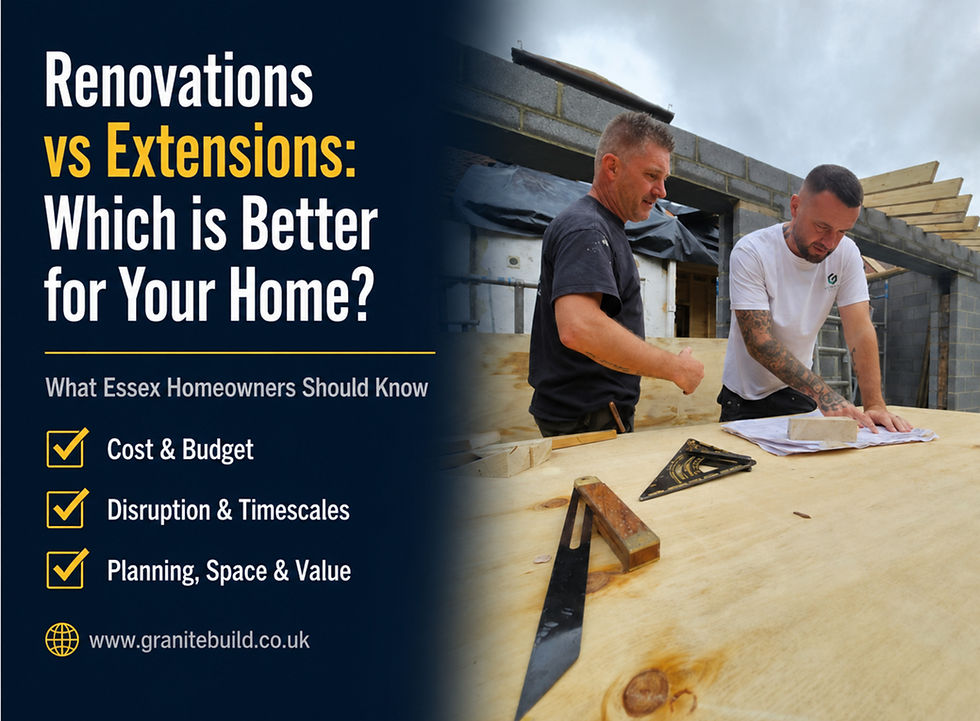 Granite Build team reviewing renovation and extension plans on a residential construction project in Essex.