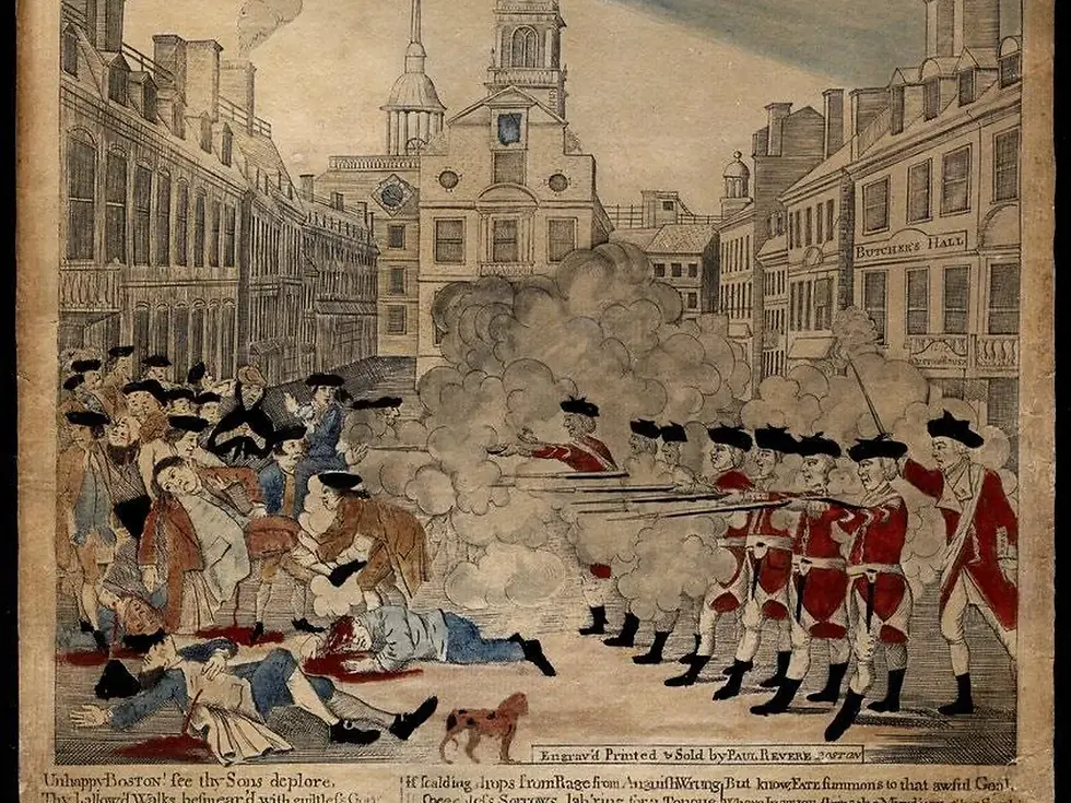 Britishl soldiers fire on a crowd in a historic city (Boston) scene. Smoke fills the air; people react with distress. Buildings labeled Butcher's Hall.