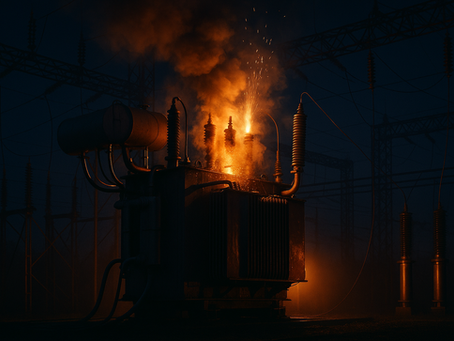 Imagem ilustrativa gerada por IA: transformador de subestação elétrica em situação de sobreaquecimento à noite