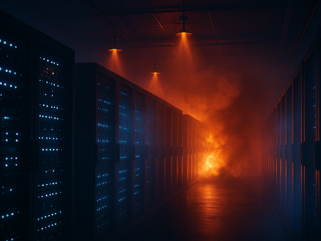 Imagem ilustrativa de datacenter com sistema de supressão de incêndio ativado (imagem gerada por IA)