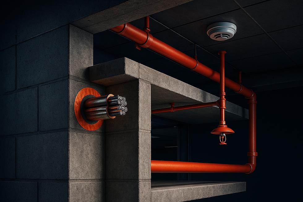 Imagem ilustrativa de projeto integrado de proteção passiva e ativa contra incêndio em edificação comercial — corte arquitetônico técnico