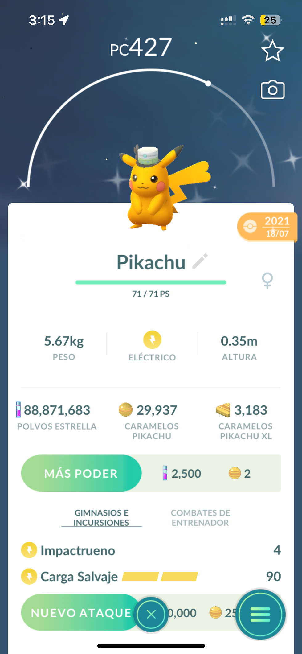Pikachu Patricio Shiny x Intercambio +Disfraz/ Lote 2