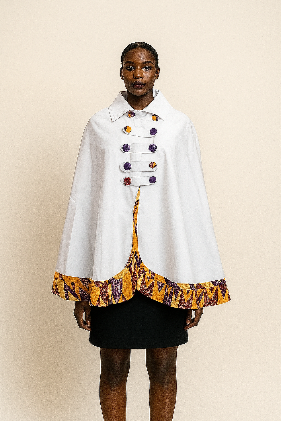 White Cape Coat with African Print Accents