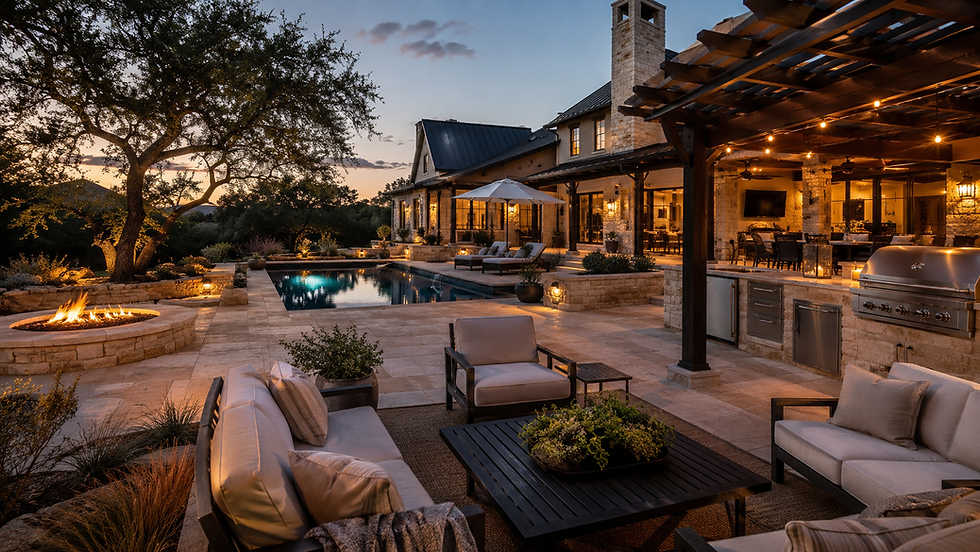 Outdoor dining and lounge area with durable patio furniture, a built-in grill, and a fire pit.