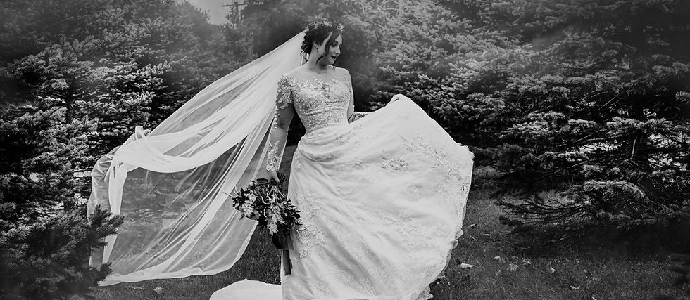 Bride in her wedding gown among evergreen trees during a winter wedding portrait.