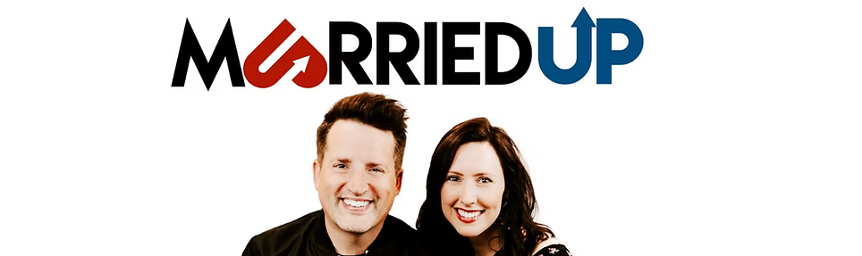 A man standing at the left side of a woman with the word MarriedUp written above them.