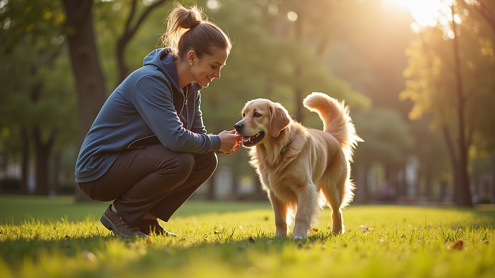 Eye-level view of a dog trainer working with a golden retriever in a sunny park