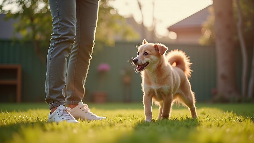 Close-up view of a dog owner practicing commands with a small dog in a backyard
