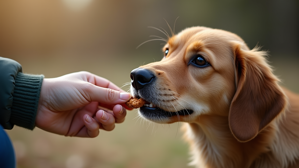 Close-up view of a dog owner gently rewarding a dog with a treat