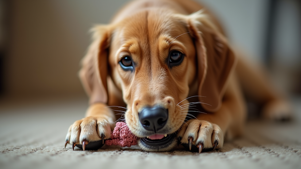 Close-up view of a dog chewing on a toy during training