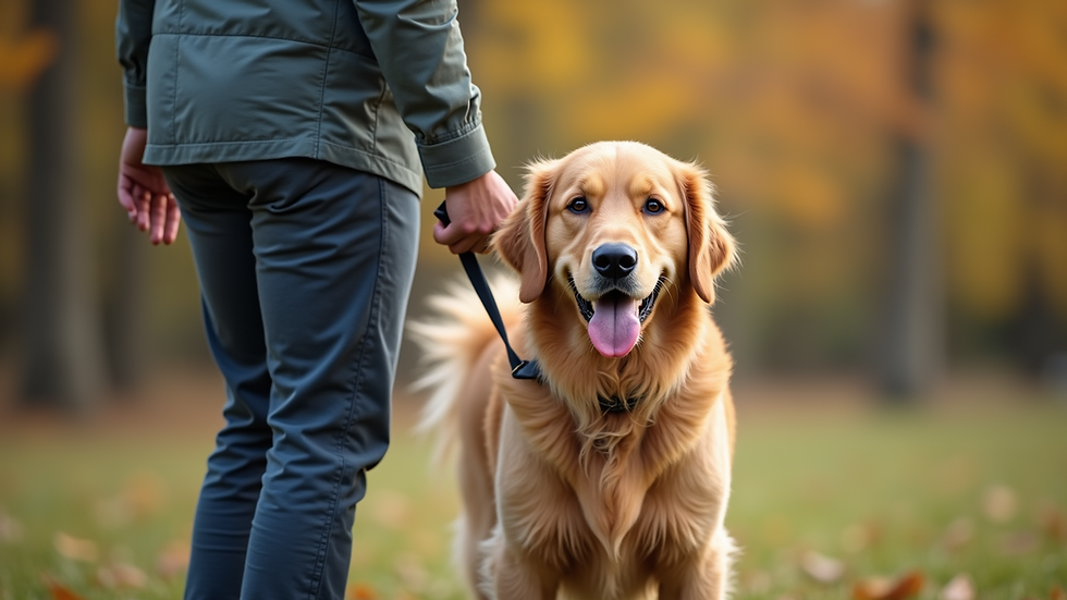 Eye-level view of a dog trainer gently guiding a golden retriever during a training session