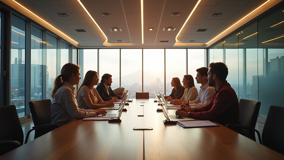 Vista panorámica de una sala de reuniones con equipo colaborando