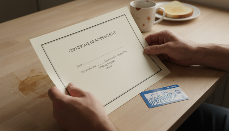 Close-up view of hands holding a training certificate beside a transit card